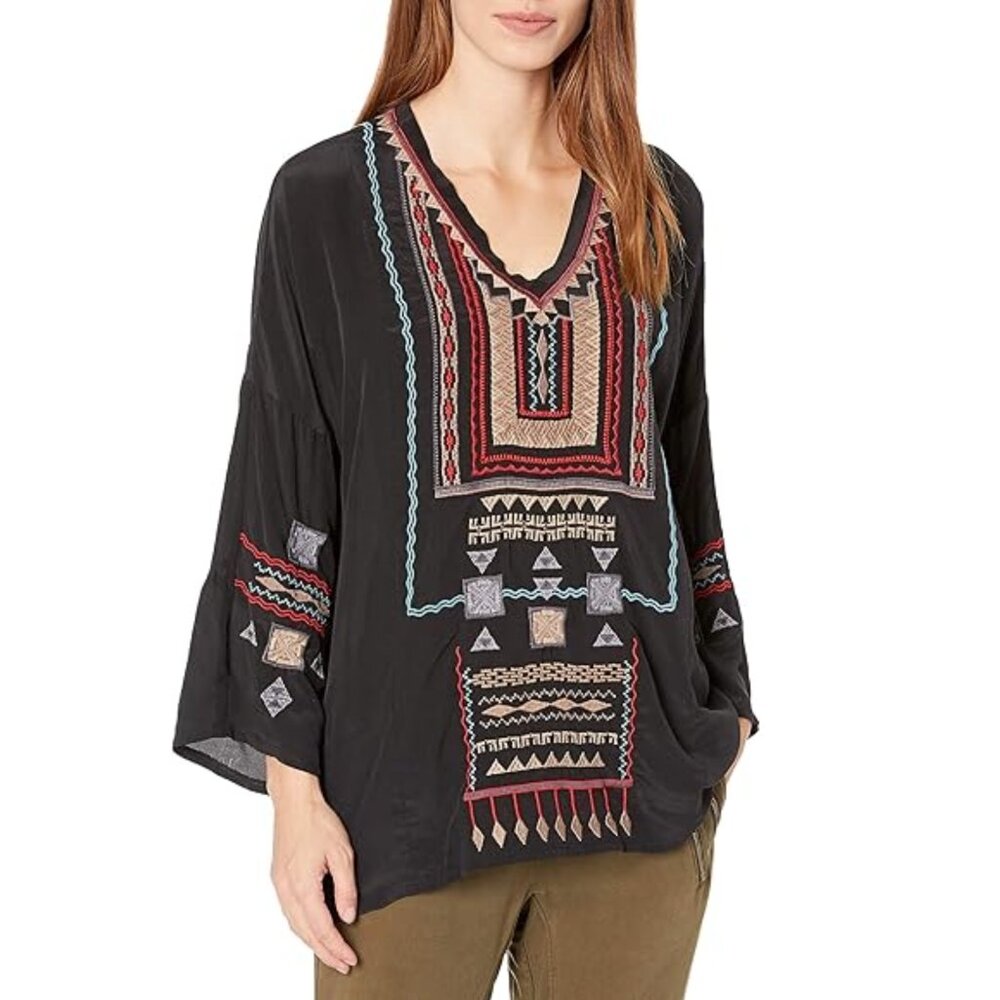 Johnny Was Biya Izma Silk Oversized Embroidered Blouse S $348